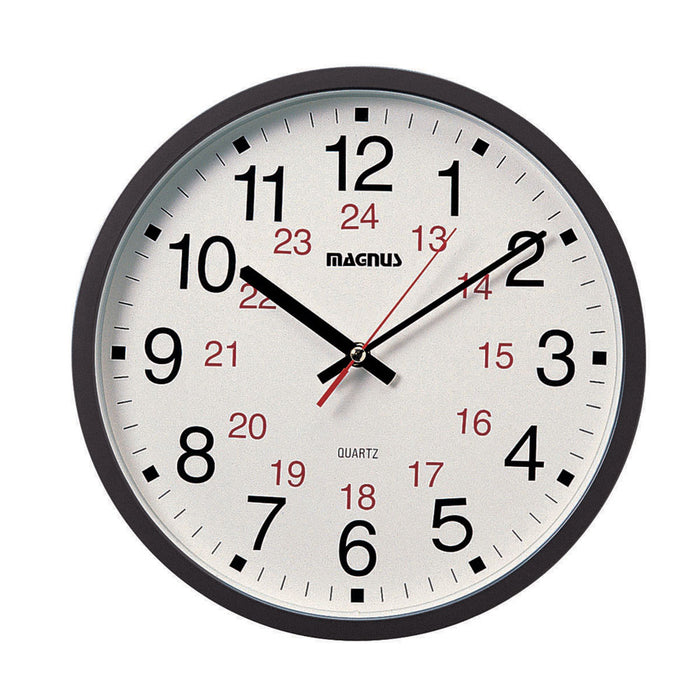 12/24 Hour Clock - Black - Sweep Style Second Hand - Glass Face