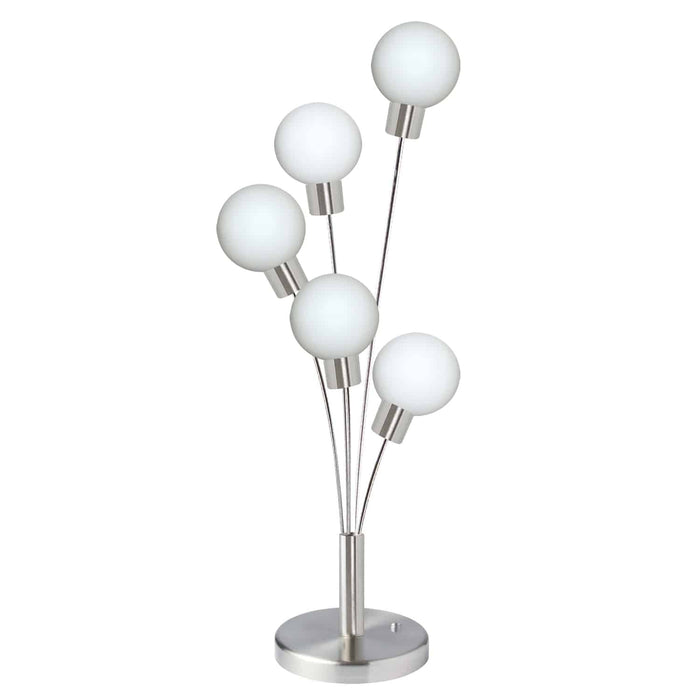 Budding Branch 5 Light Table Lamp - Satin Chrome Finish - White Glass