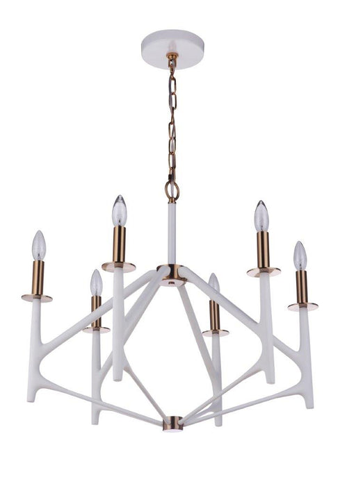 The Reserve 6 Light Chandelier in Matte White/Satin Brass