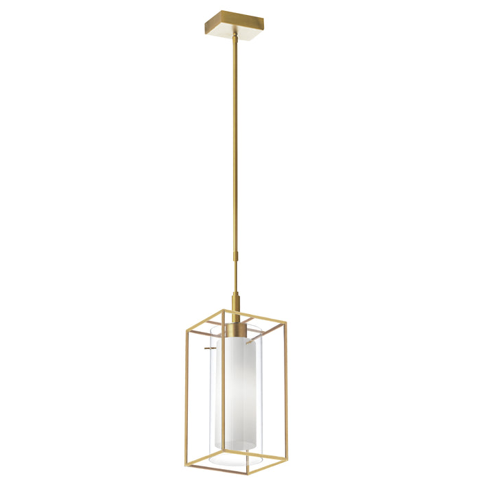 Cubo 1 Light Pendant - Rectangular Frame - Aged Brass Finish - Frosted/Clear Glass