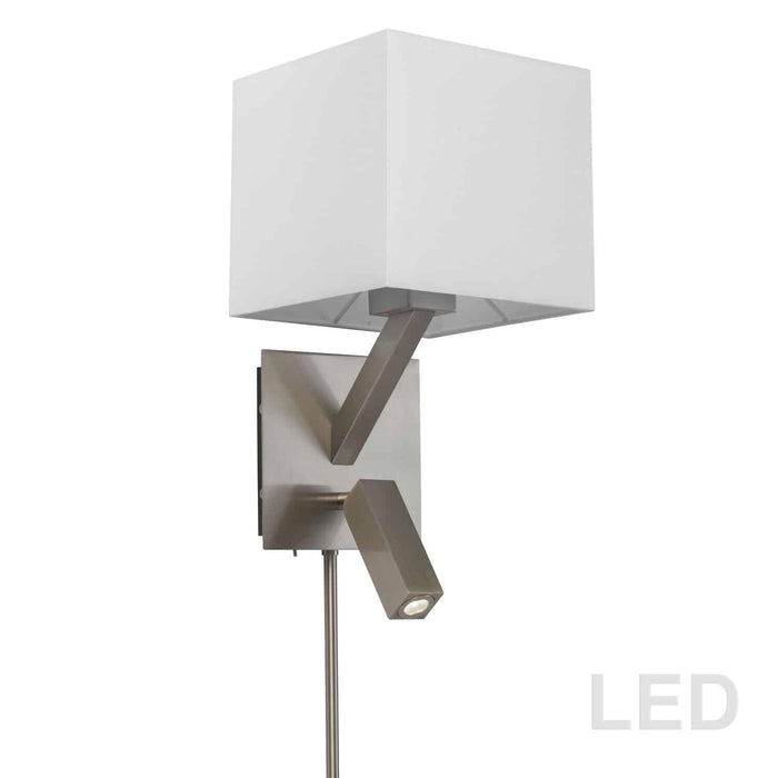 LED Reading Light - 1 Light Wall Sconce with LED Reading Light - Satin Chrome Finish - White Shade