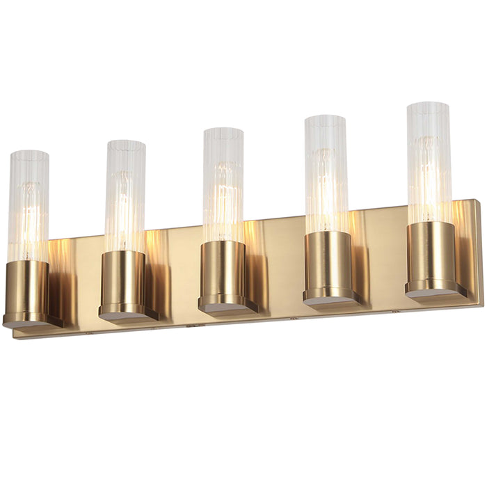 Tube 5 Light Vanity Light - Aged Brass - Clear Fluted Glass