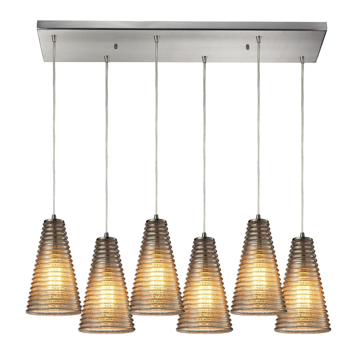 Ribbed Glass 9'' Wide 6-Light Mini Pendant - Satin Nickel