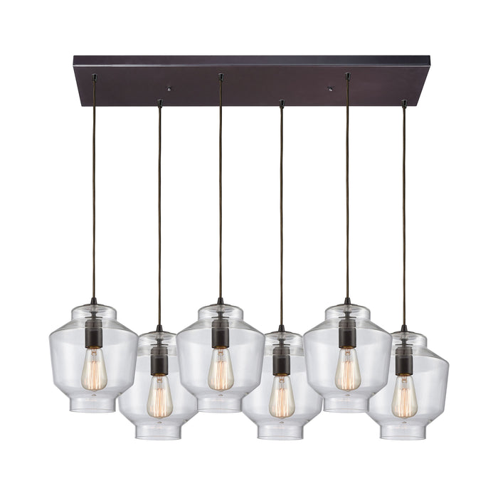 Barrel 6-Light Rectangular Pendant Fixture in Oil Rubbed Bronze with Clear Blown Glass