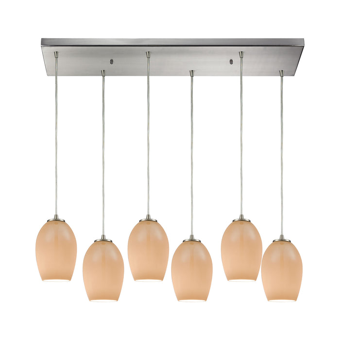 Villiska 6-Light Rectangular Pendant Fixture in Satin Nickel with Peach Blown Glass