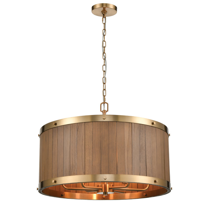 Wooden Barrel 25'' Wide 6-Light Chandelier - Satin Brass with Slatted Wood Shade in Medium Oak