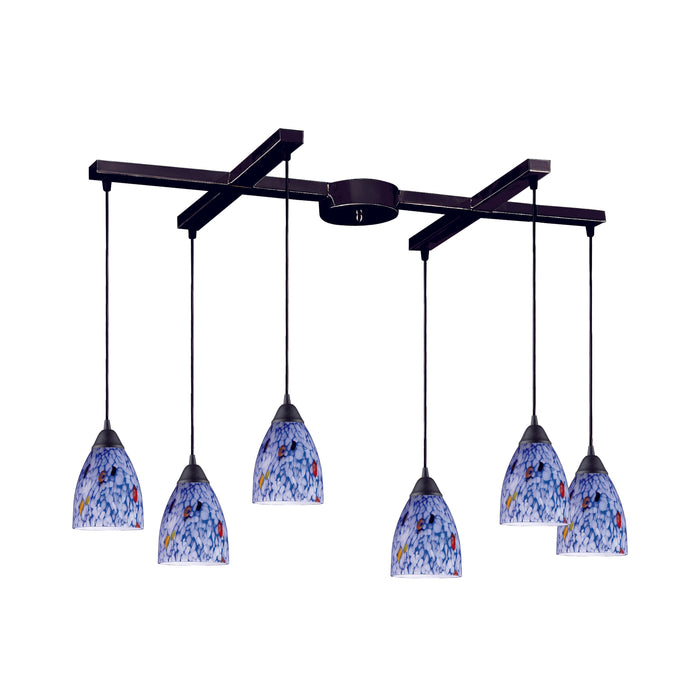 Classico 6-Light H-Bar Pendant Fixture in Dark Rust with Starburst Blue Glass