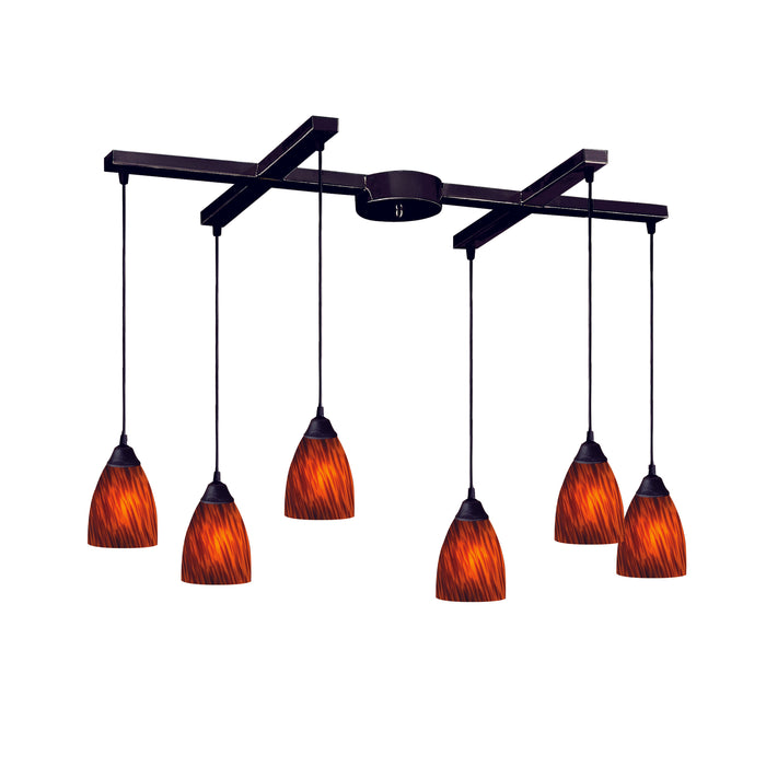 Classico 6-Light H-Bar Pendant Fixture in Dark Rust with Espresso Glass