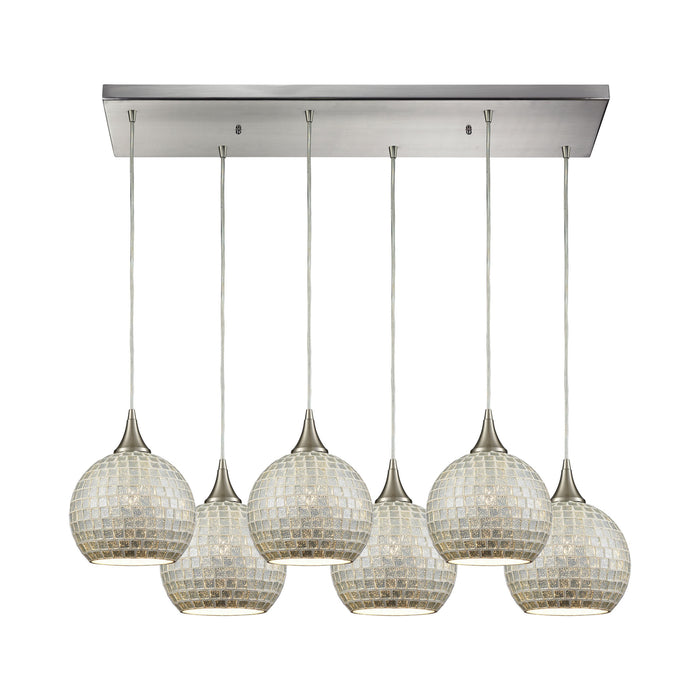 Fusion 6-Light Rectangular Pendant Fixture in Satin Nickel with Silver Mosaic Glass