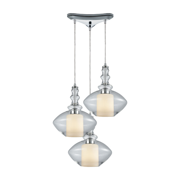 Alora 3-Light Triangular Pendant Fixture in Chrome with Clear and Opal White Glass