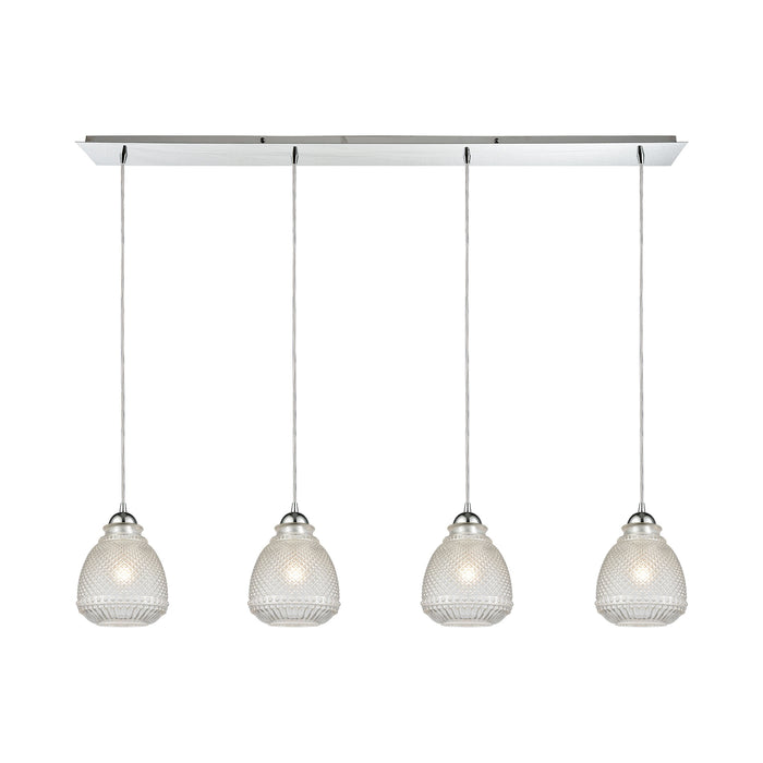 Victoriana 4-Light Linear Pendant Fixture in Polished Chrome with Clear Crosshatched Glass