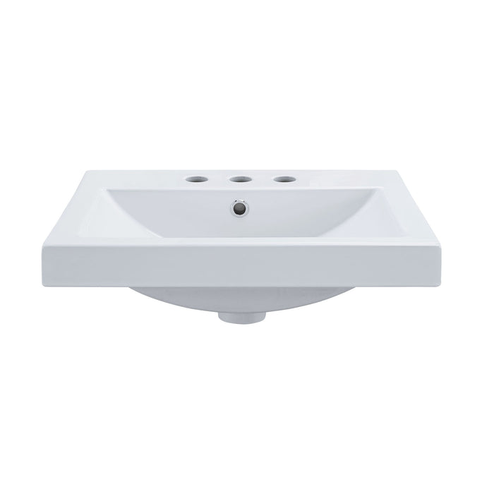 Semi-recessed ceramic rectangular vessel sink with 8-inch widespread drillings