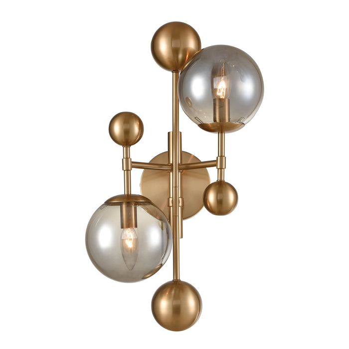 Ballantine 2-Light Sconce in Aged Brass with Mouth-blown Smoked Glass Orbs