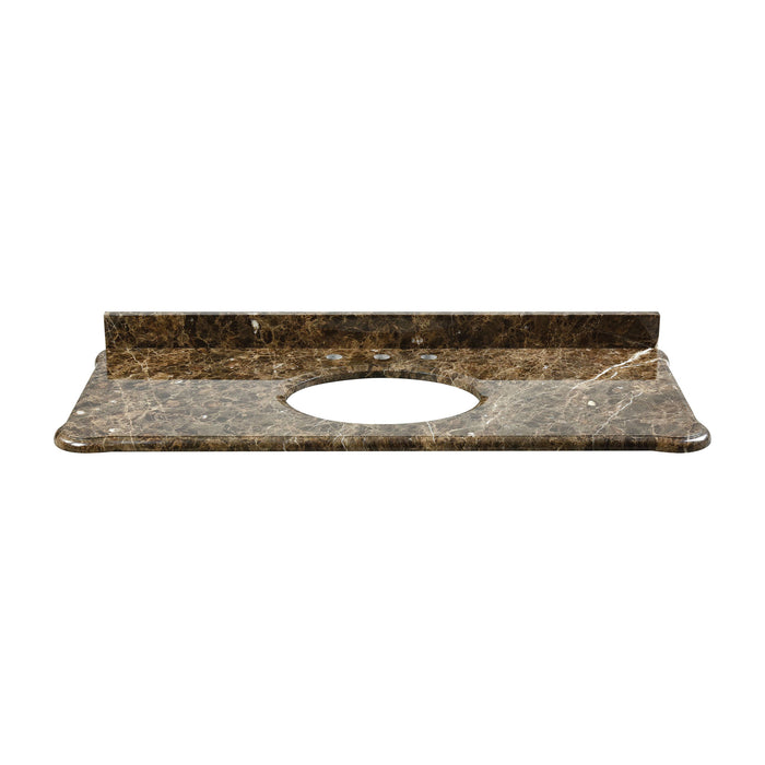 Custom-cut Malago undermount vanity top in Dark Emperador Marble. Includes backsplash.