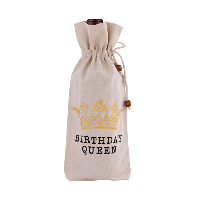 Birthday Queen 6x13 Wine Bag in Unbleached Natural Cotton Duck with Gold and Black Print